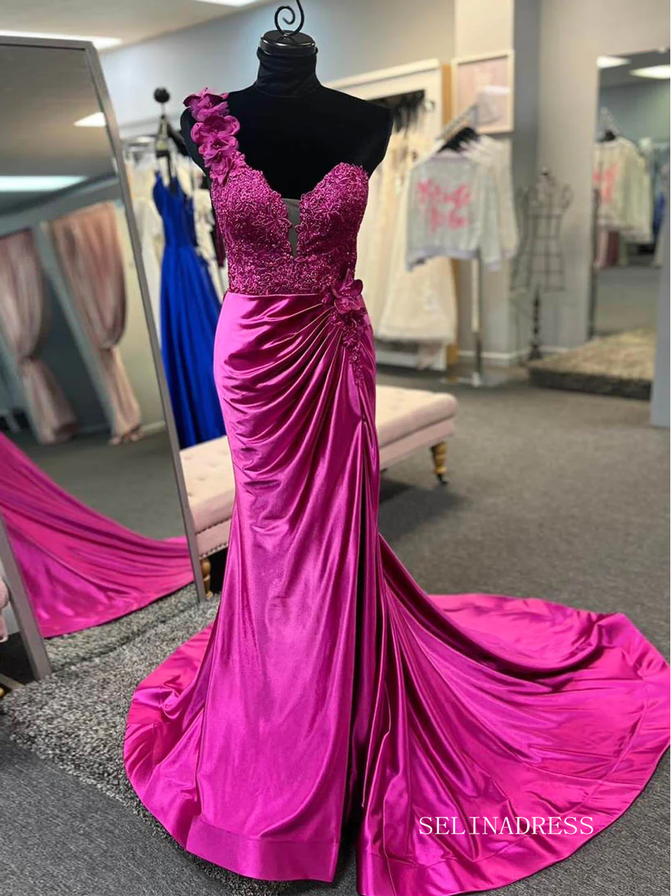 One Shoulder Fuchsia Ruched Long Prom Dress with 3D Flowers With Slit – SELINADRESS One Shoulder Fuchsia Ruched Long Prom Dress with 3D Flowers With Slit – SELINADRESS