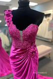 One Shoulder Fuchsia Ruched Long Prom Dress with 3D Flowers With Slit lpk576|Selinadress