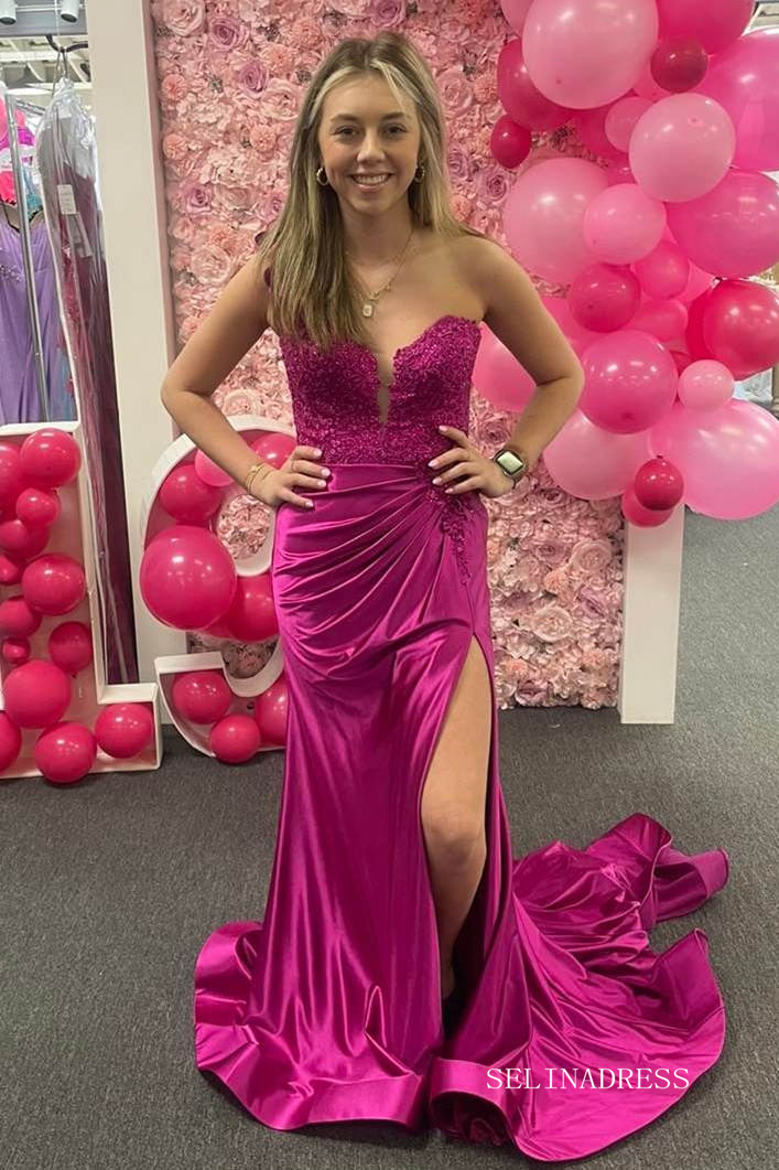 One Shoulder Fuchsia Ruched Long Prom Dress with 3D Flowers With Slit SELINADRESS One Shoulder Fuchsia Ruched Long Prom Dress with 3D Flowers With Slit SELINADRESS