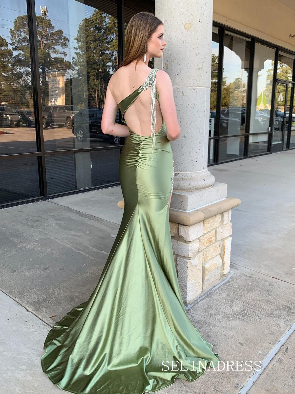 One Shoulder Mermaid Sage Long Prom Dresses With Slit sew1004 SELINADRESS One Shoulder Mermaid Sage Long Prom Dresses With Slit sew1004 SELINADRESS