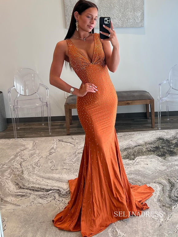 Orange Beaded Mermaid V Neck Long Prom Dresses lpk807|Selinadress