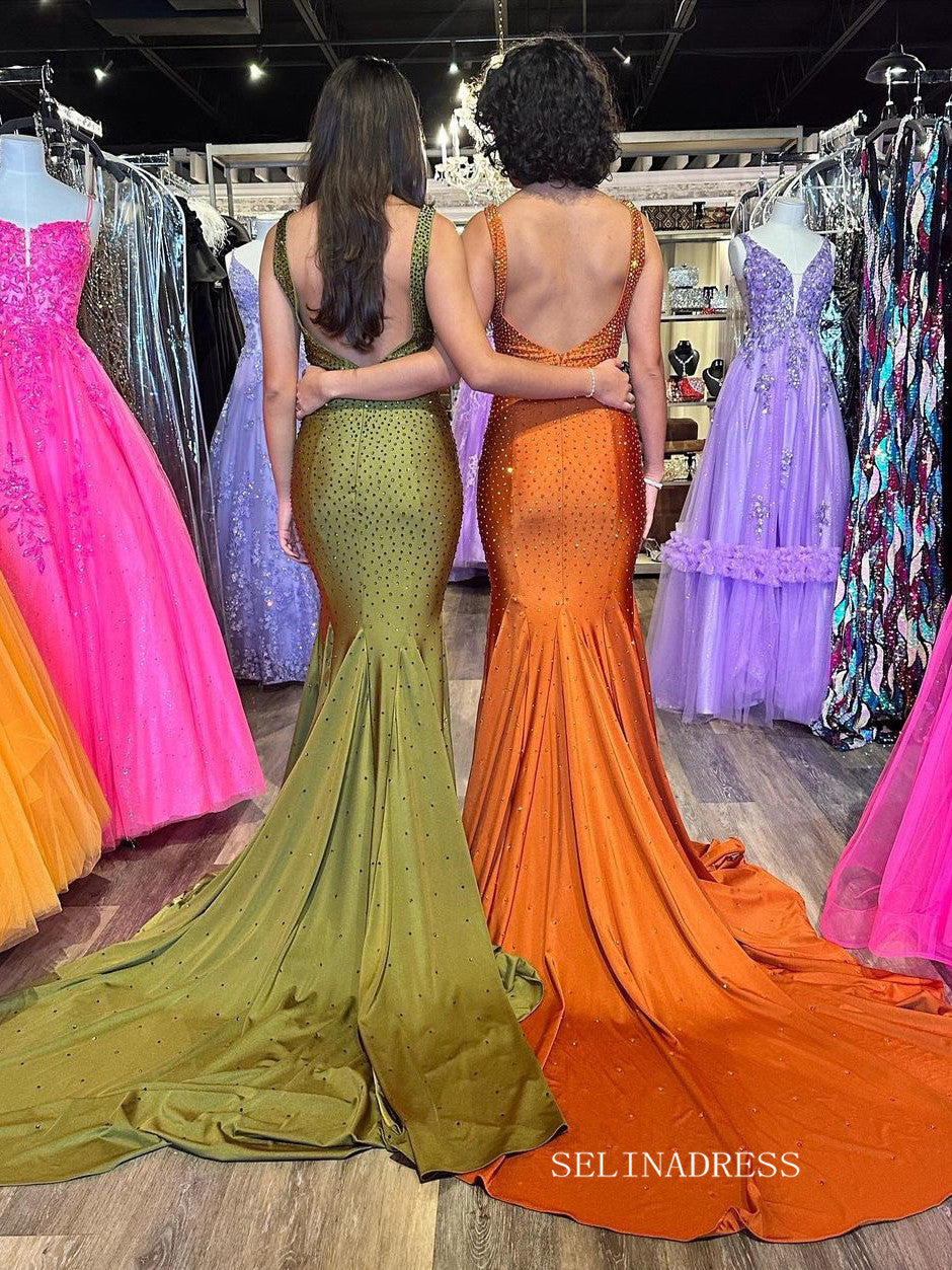 Orange Beaded Mermaid V Neck Long Prom Dresses lpk807 SELINADRESS Orange Beaded Mermaid V Neck Long Prom Dresses lpk807 SELINADRESS