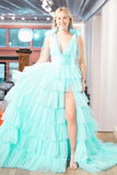 Orange V-Neck Bow Straps Ruffled Tulle Long Prom Dress with Slit lpk8036|Selinadress