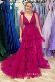 Orange V-Neck Bow Straps Ruffled Tulle Long Prom Dress with Slit lpk8036|Selinadress