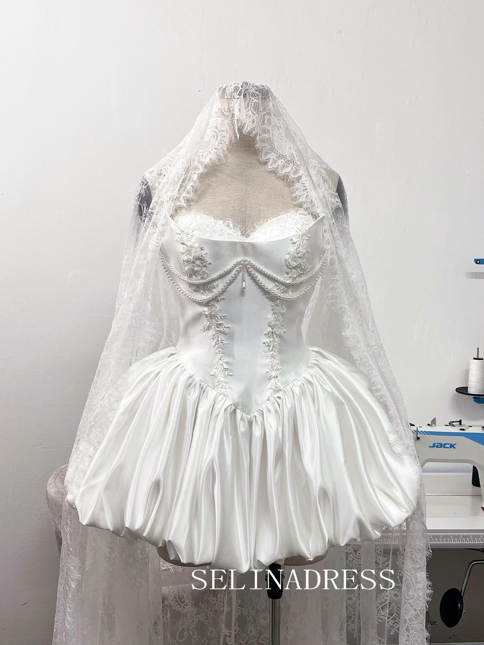 short bubble wedding dresses Stacees 2026 A-line Bateau Satin Short/Mini Wedding Dress with Lace