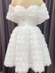 3D Floral Short Wedding Dress Off Shoulder Mini Bridal Gown Corset Rose Dress# PHJ004