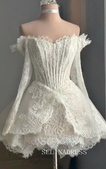 Off-Shoulder Corset Mini Wedding Dress Lace Bridal Reception Gown PHJ005
