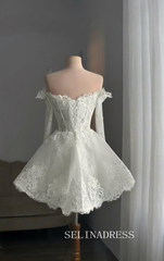 Off-Shoulder Corset Mini Wedding Dress Lace Bridal Reception Gown PHJ005
