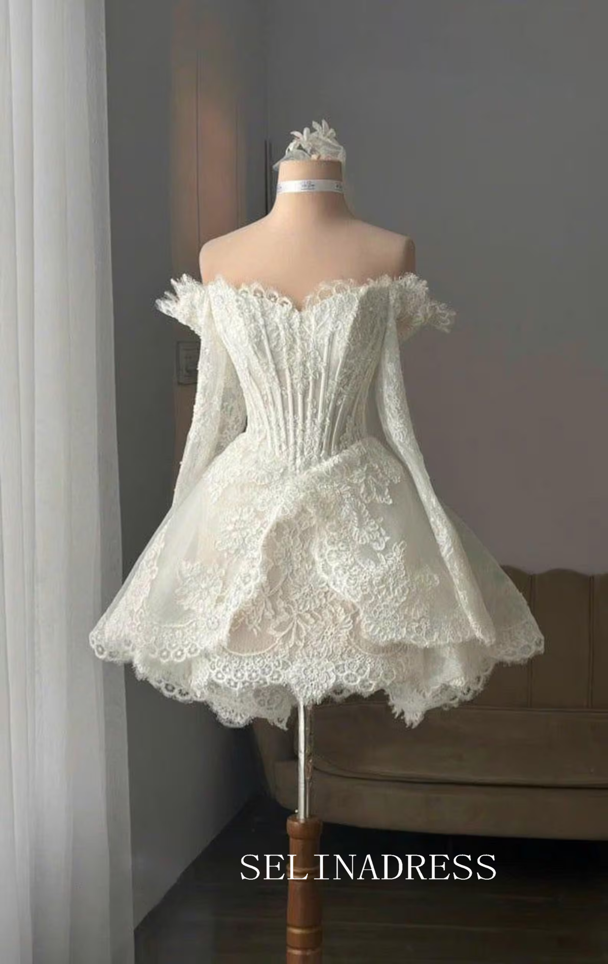 Off-Shoulder Corset Mini Wedding Dress Lace Bridal Reception Gown PHJ005
