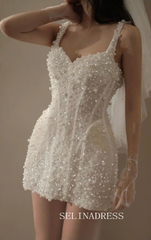 Off-Shoulder Corset Mini Wedding Dress Lace Bridal Reception Gown PHJ006