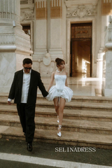 Taffeta Mini Wedding Dress Long Sleeve Bridal Party Dress PHJ009