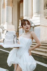 Taffeta Mini Wedding Dress Long Sleeve Bridal Party Dress PHJ009