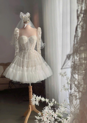 Lace Corset Mini Wedding Dress Long Sleeves Tiered Tulle Skirt PHJ010