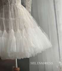 Lace Corset Mini Wedding Dress Long Sleeves Tiered Tulle Skirt PHJ010