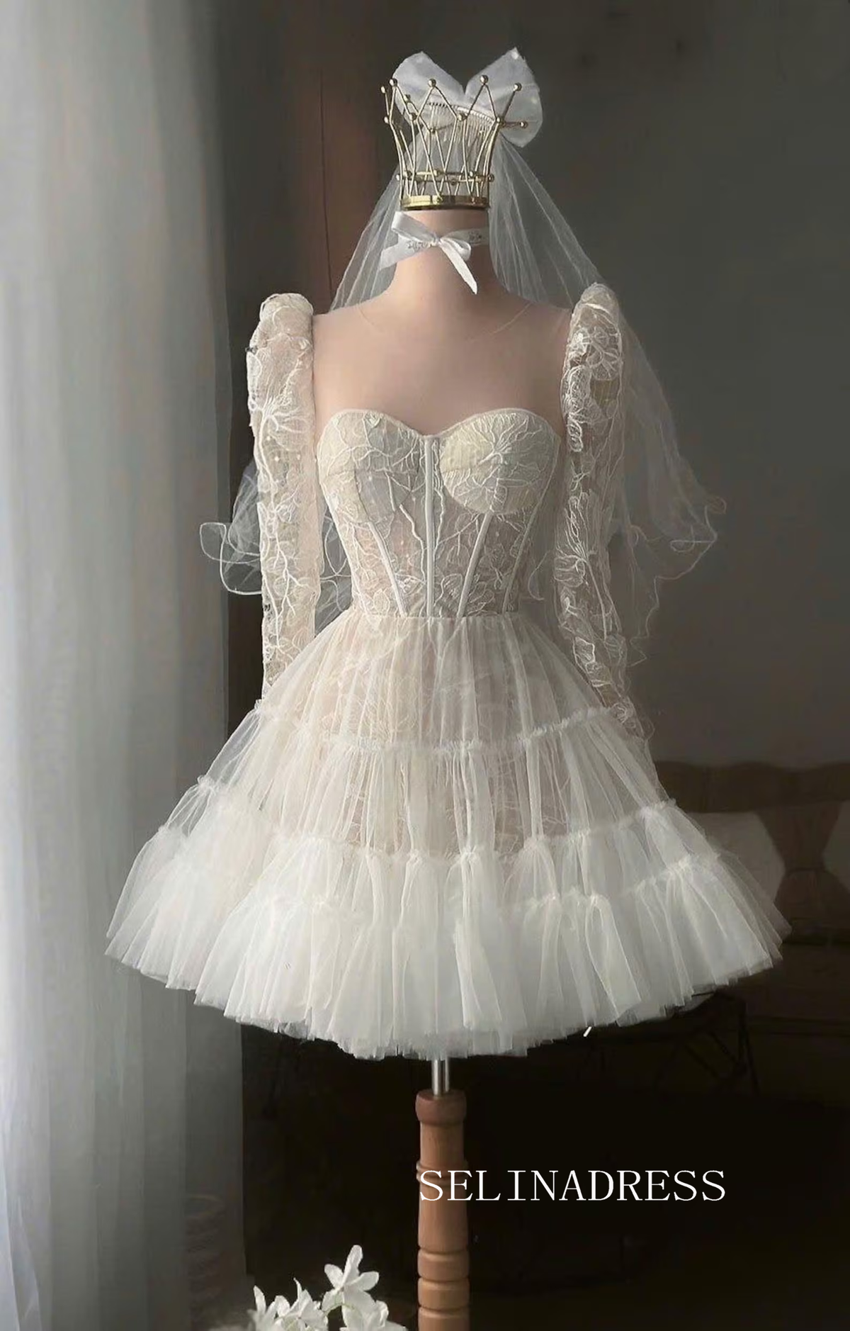Lace Corset Mini Wedding Dress Long Sleeves Tiered Tulle Skirt PHJ010