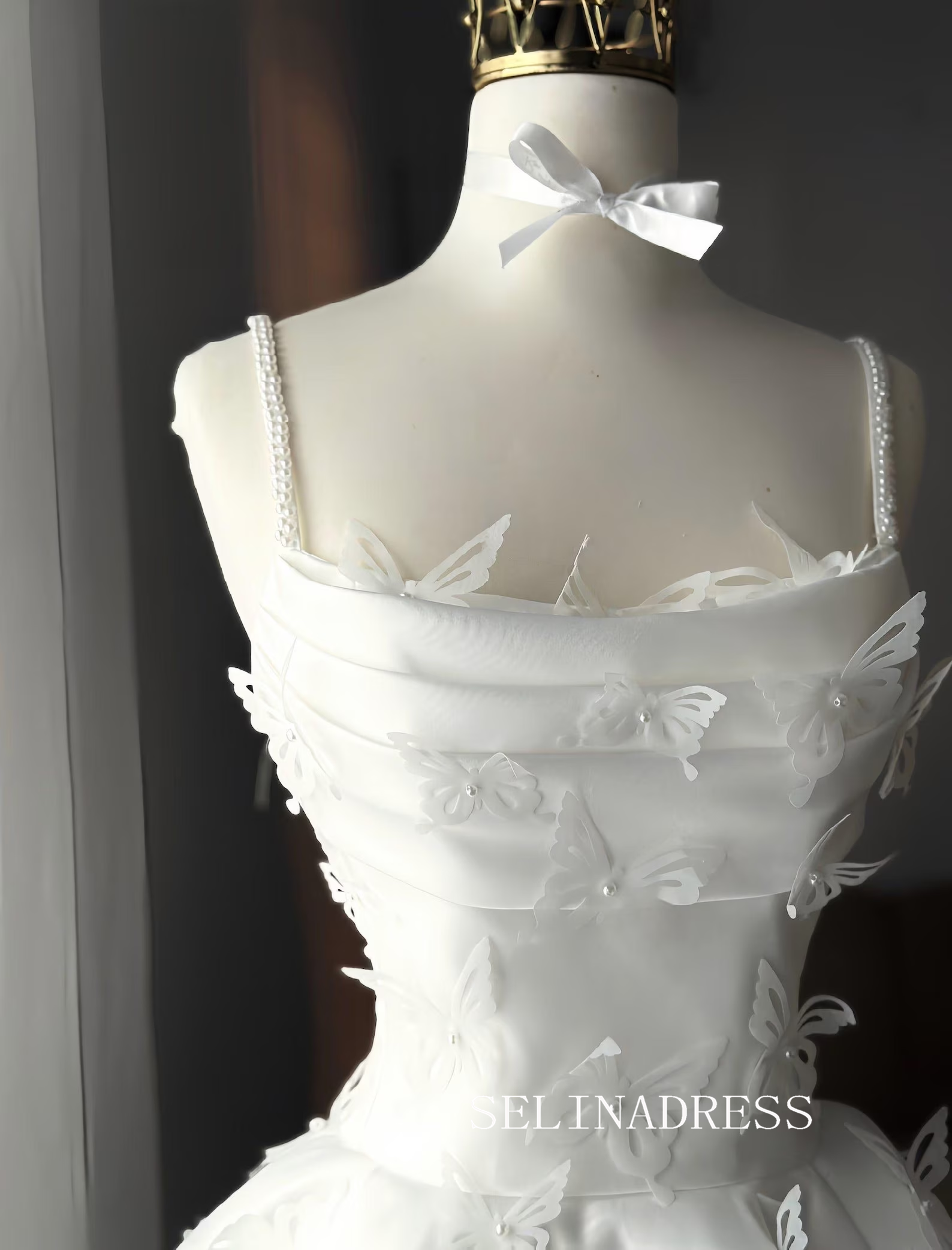 Butterfly Garden Mini Wedding Dress 3D Appliqué Pearl Straps PHJ011|Selinadress