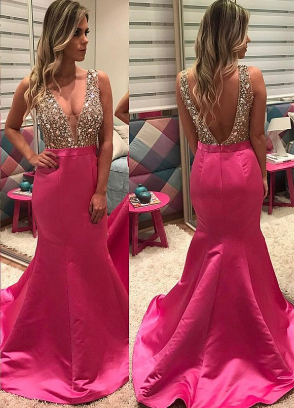 Pearl Beaded V-Neckline Satin Mermaid Evening Dress Backless Prom Gowns sew1084|Selinadress