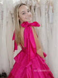 Plunging V-Neck Fuchsia Bow Straps Ruffle Ball Gown lpk579|Selinadress