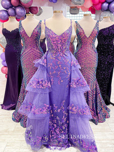 Purple Lace V-Neck Sequin Pageant Dress with Attached Train lpk901|Selinadress