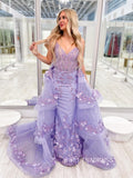 Purple Lace V-Neck Sequin Pageant Dress with Attached Train lpk901|Selinadress