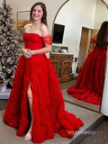 Red A Line Off-the-shoulder Ruffles Tulle Prom Dress With Slit lpk568|Selinadress