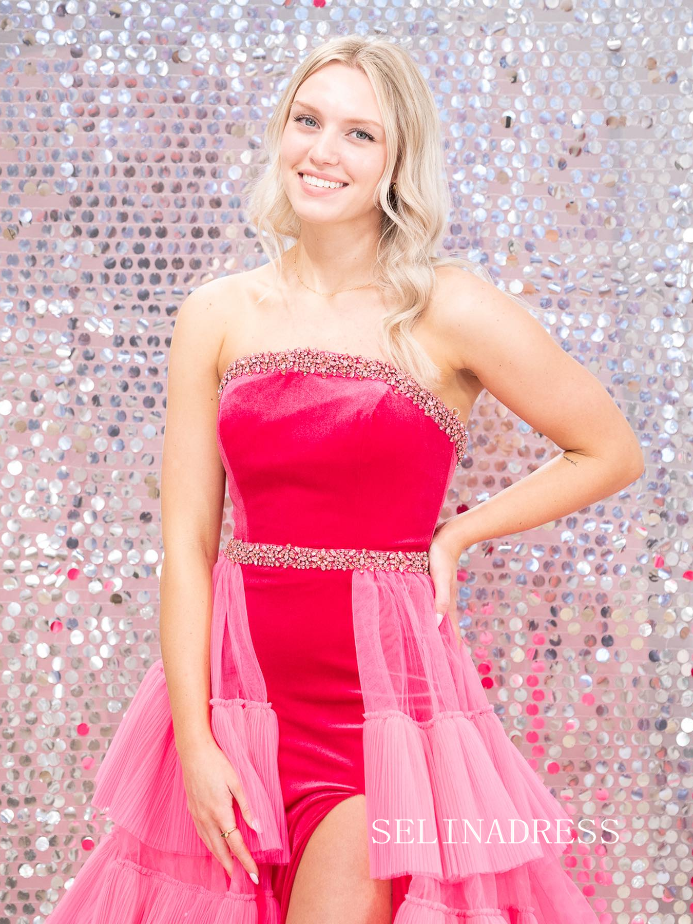 Rhinestone Embellished Fuchsia Pink Strapless Prom Dress lpk908 SELINADRESS Rhinestone Embellished Fuchsia Pink Strapless Prom Dress lpk908 SELINADRESS