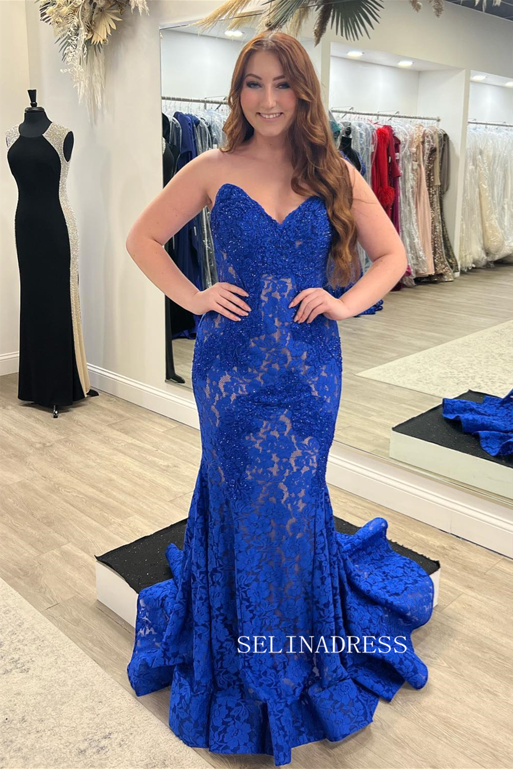 Royal Blue Lace Strapless Beaded Mermaid Long Prom Dress sew0621 – SELINADRESS