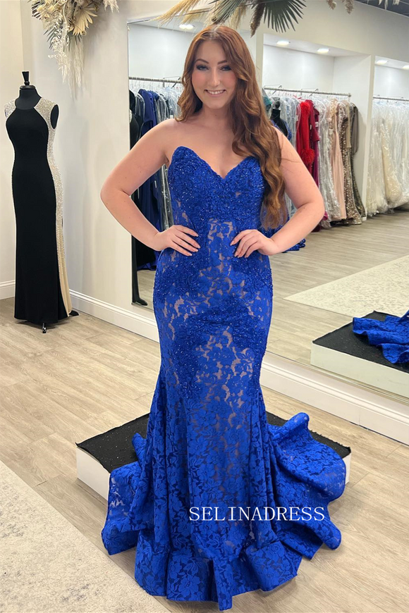 Royal Blue Lace Strapless Beaded Mermaid Long Prom Dress sew0621|Selinadress