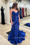 Royal Blue Lace Strapless Beaded Mermaid Long Prom Dress sew0621|Selinadress