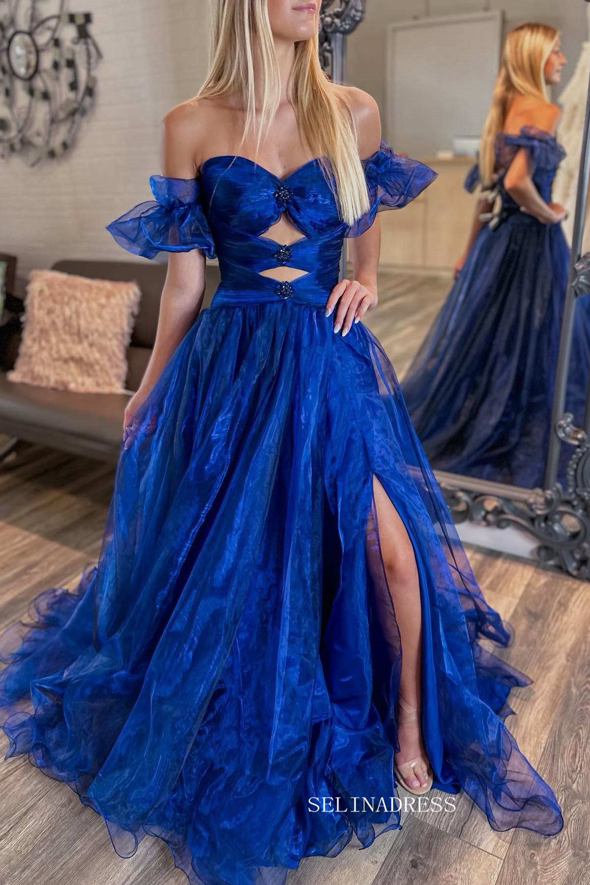 Royal Blue Strapless Keyhole Balloon Sleeves Long Prom Dress SEW0623
