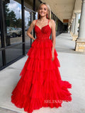 Ruffle Tulle Red Ball Gown Lace Beaded Prom Dress lpk909|Selinadress