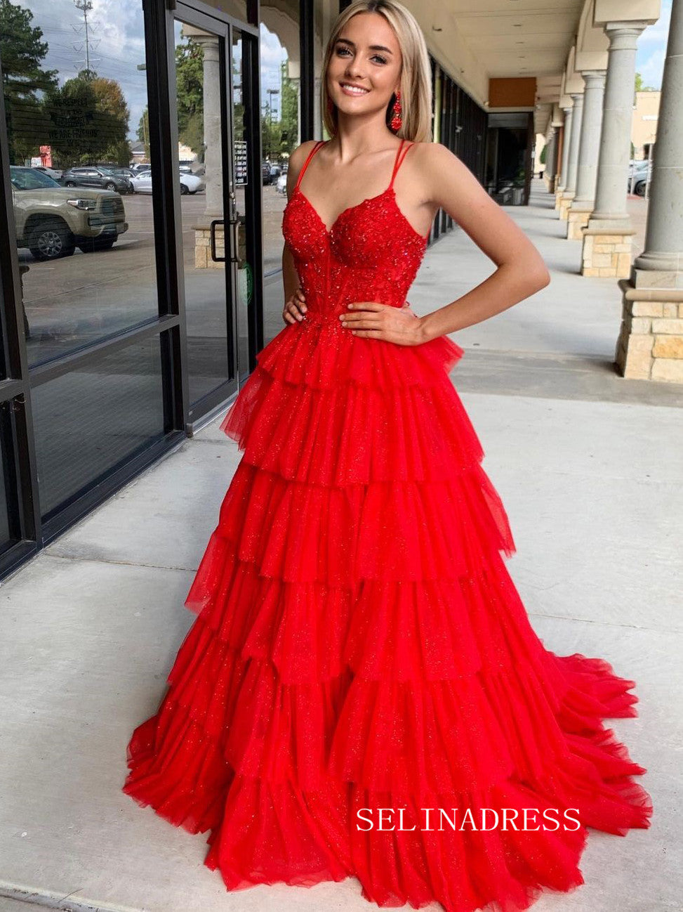 Ruffle Tulle Red Ball Gown Lace Beaded Prom Dress lpk909 - Us Size 2 / Red Ruffle Tulle Red Ball Gown Lace Beaded Prom Dress lpk909 - Us Size 2 / Red