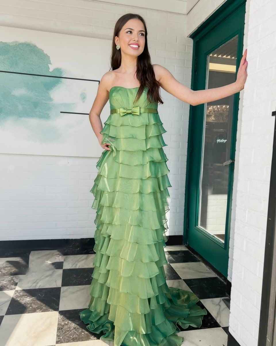 Chic Strapless Hunter Green Prom Dresses With Ruffles Elegant Long Formal Gowns SEA003|Selinadress