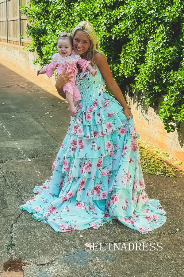 A Line Strapless Floral Chiffon Tiered Long Prom Dresses SEA054|Selinadress