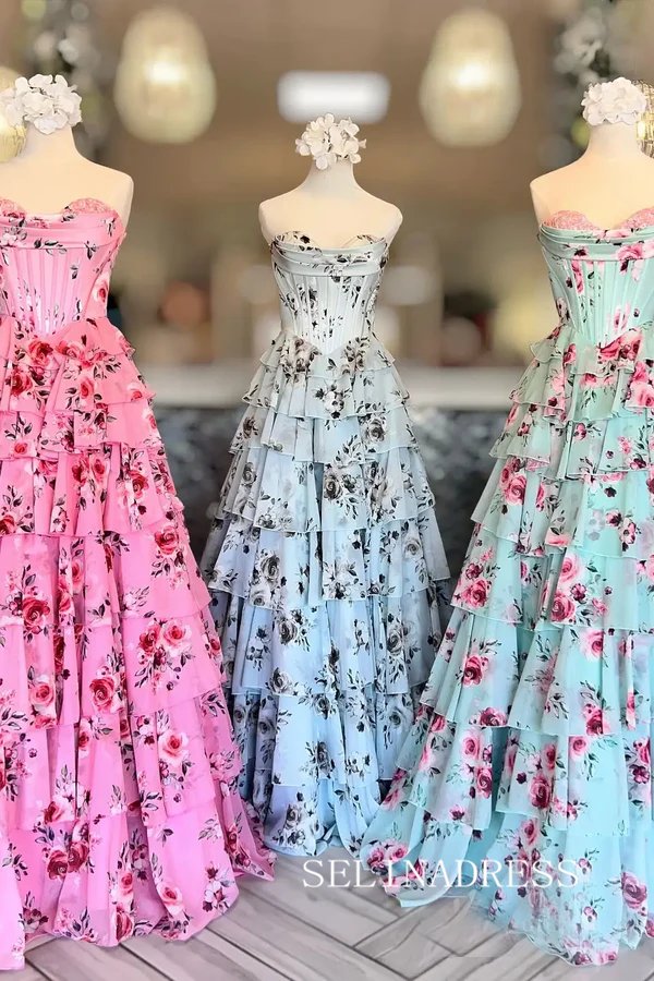 A Line Strapless Floral Chiffon Tiered Long Prom Dresses SEA054|Selinadress