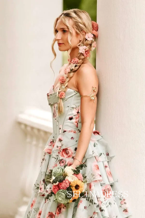 A Line Strapless Floral Chiffon Tiered Long Prom Dresses SEA054|Selinadress