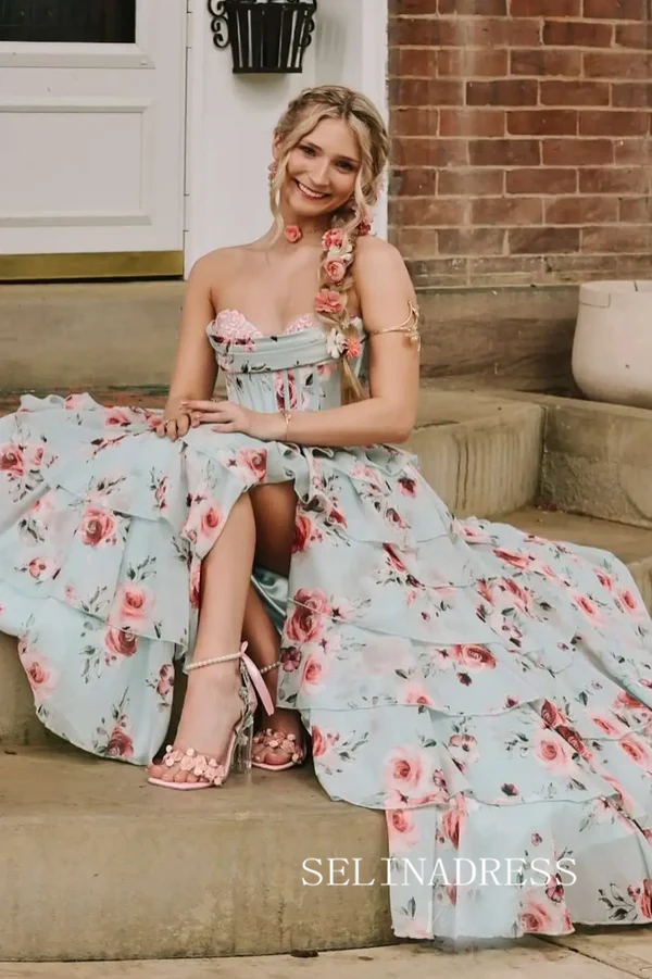 A Line Strapless Floral Chiffon Tiered Long Prom Dresses SEA054|Selinadress