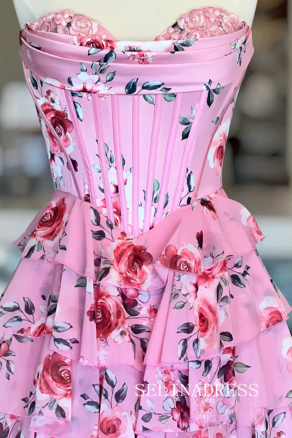 A Line Strapless Floral Chiffon Tiered Long Prom Dresses SEA054|Selinadress