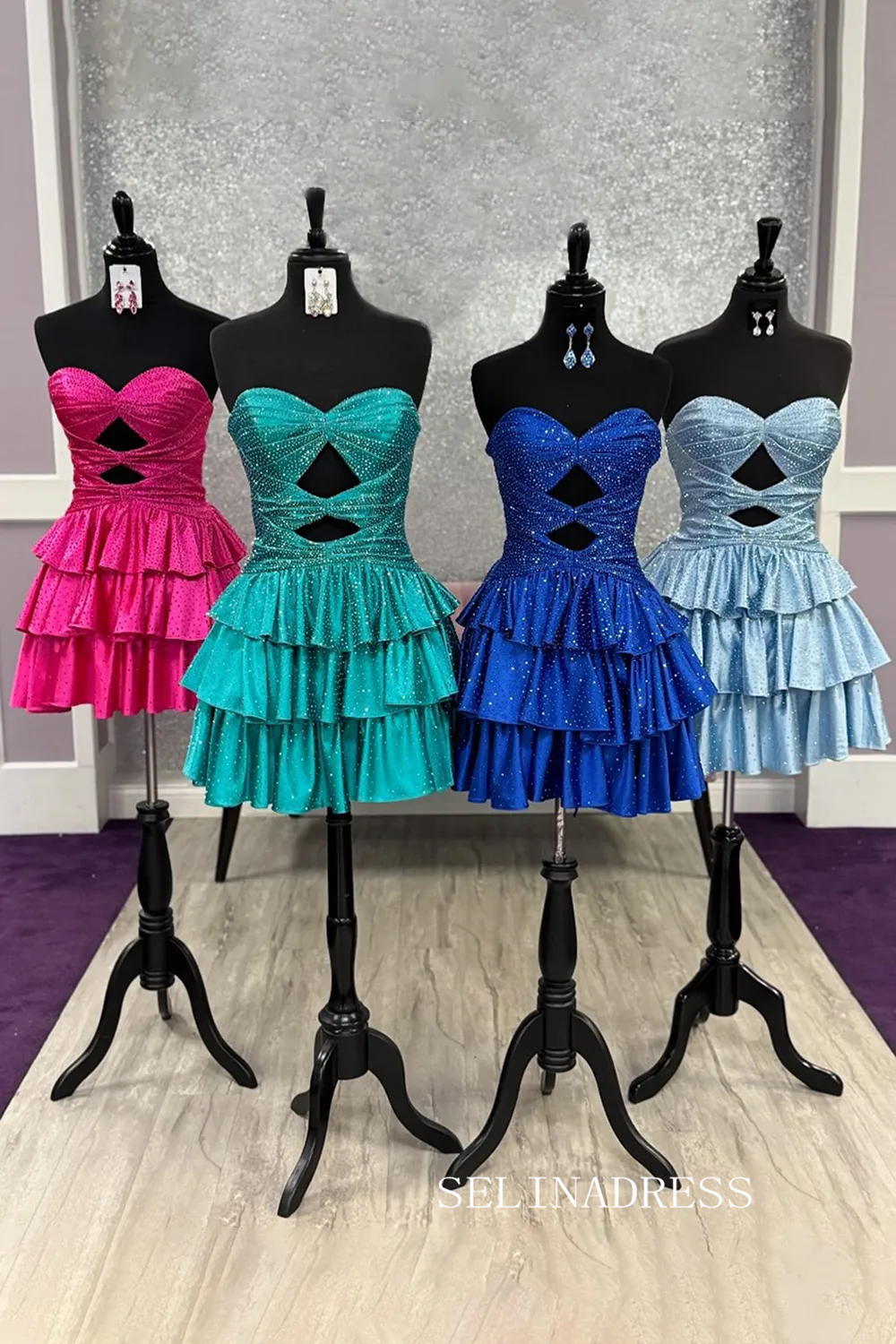 Sparkly Royal Blue Cut Out A Line Tiered Short Homecoming Dress with Beading #TKL533|Selinadress