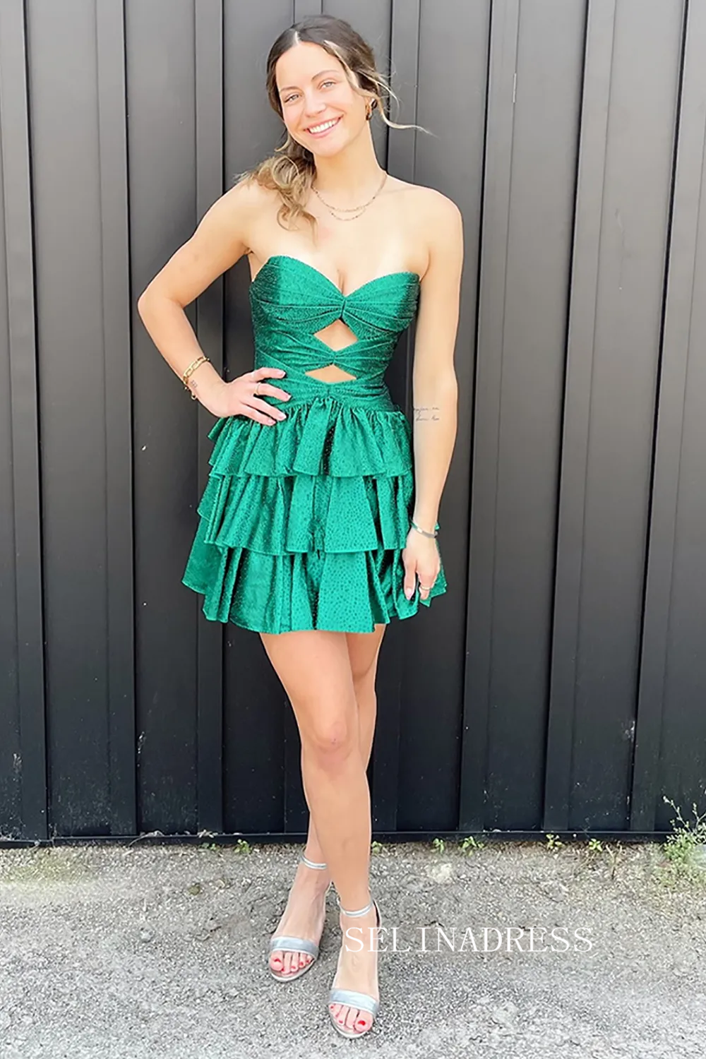 Sparkly Royal Blue Cut Out A Line Tiered Short Homecoming Dress with B SELINADRESS Sparkly Royal Blue Cut Out A Line Tiered Short Homecoming Dress with B SELINADRESS