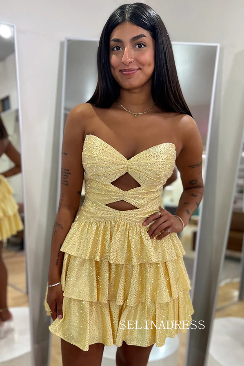 Sparkly Royal Blue Cut Out A Line Tiered Short Homecoming Dress with B SELINADRESS Sparkly Royal Blue Cut Out A Line Tiered Short Homecoming Dress with B SELINADRESS