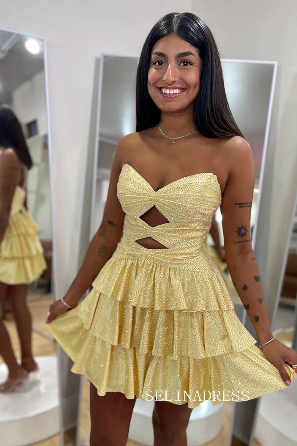 Sparkly Royal Blue Cut Out A Line Tiered Short Homecoming Dress with Beading #TKL533|Selinadress