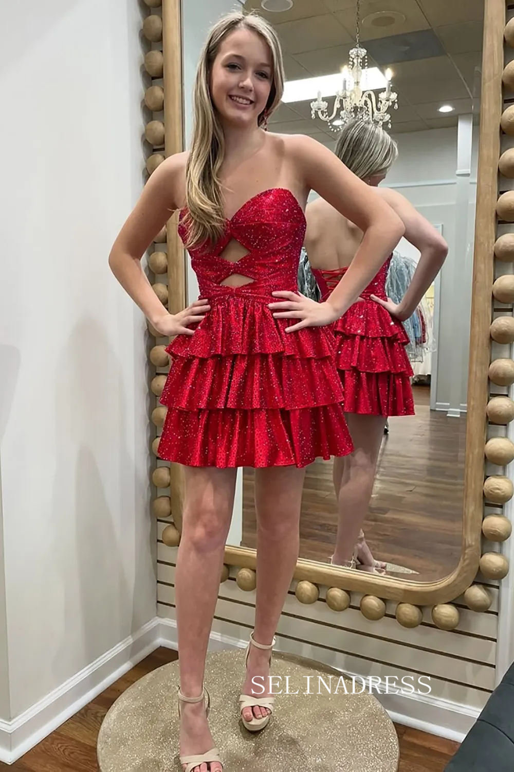 Sparkly Royal Blue Cut Out A Line Tiered Short Homecoming Dress with Beading #TKL533|Selinadress