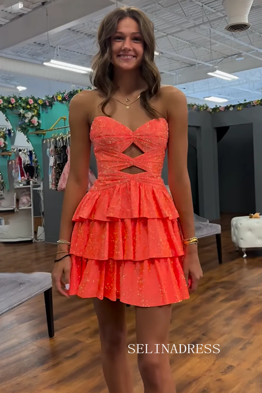 Sparkly Royal Blue Cut Out A Line Tiered Short Homecoming Dress with Beading #TKL533 - Us Size 2 / Orange Sparkly Royal Blue Cut Out A Line Tiered Short Homecoming Dress with Beading #TKL533 - Us Size 2 / Orange