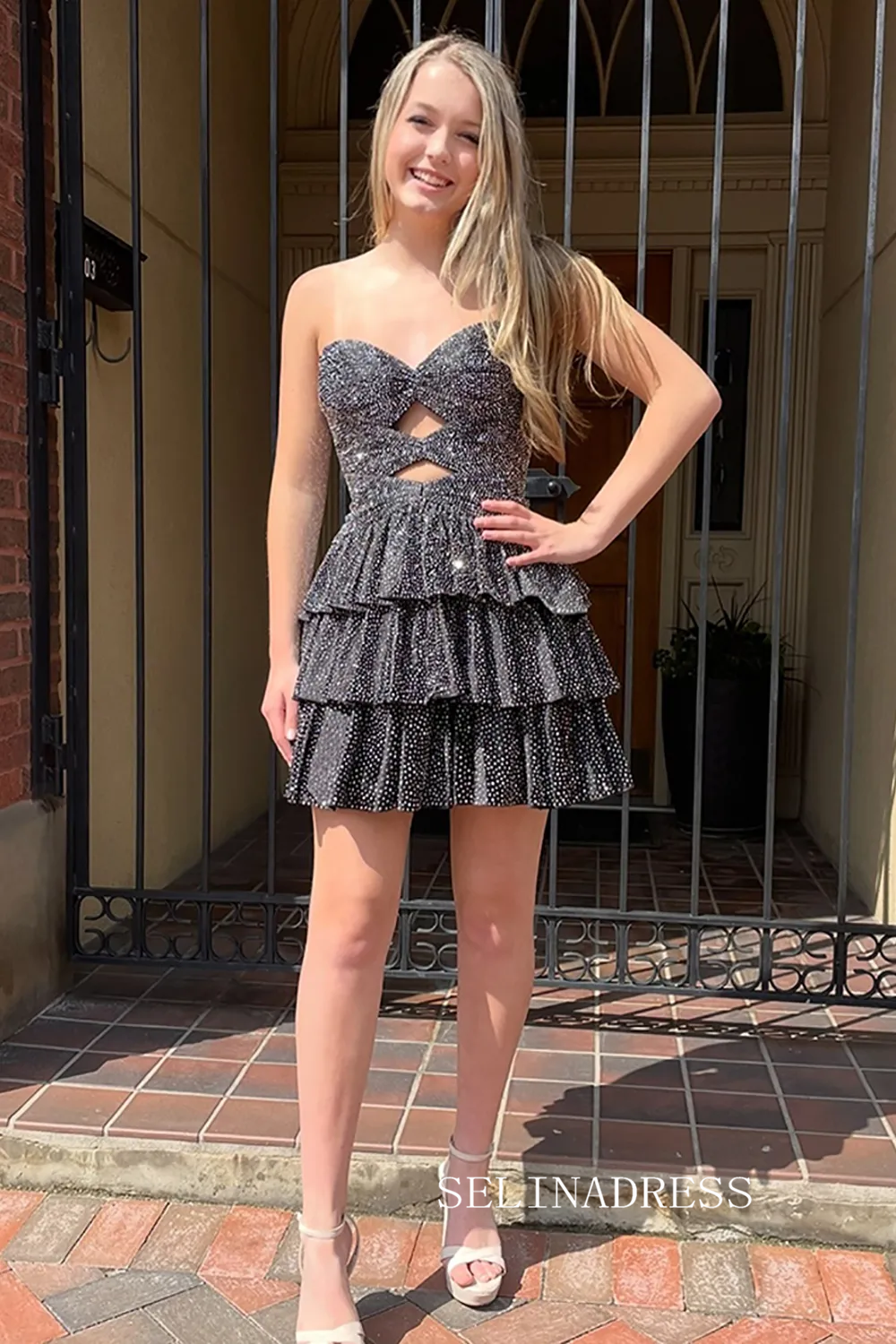 Sparkly Royal Blue Cut Out A Line Tiered Short Homecoming Dress with Beading #TKL533|Selinadress