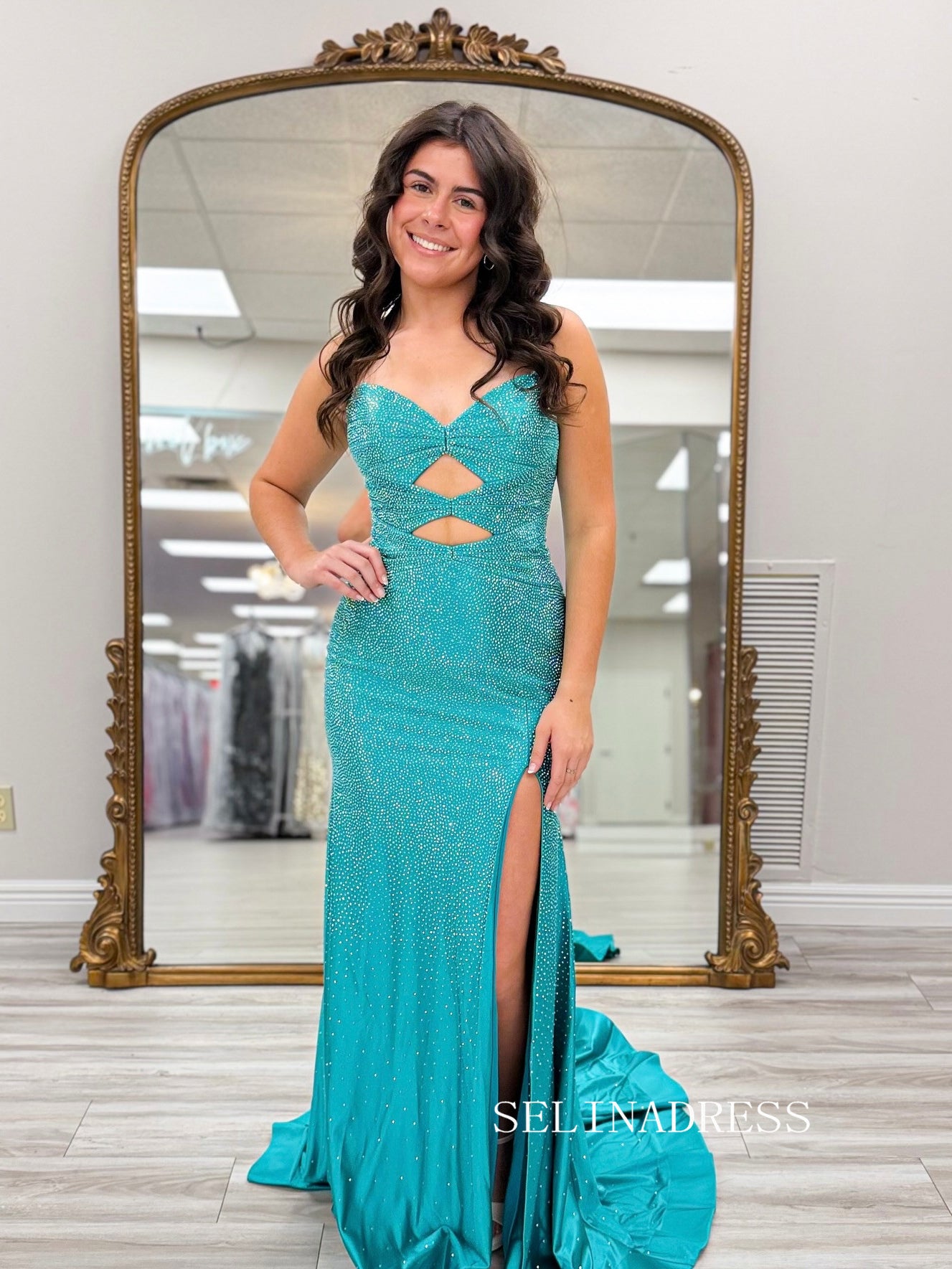 Light Sky Blue Strapless Mermaid Hot Stones Prom Dress with Slit SER601|Selinadress