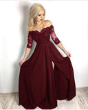 Maroon Off Shoulder Half Sleeve Burgundy Lace Long Prom Dresses Evening Dress #SED233
