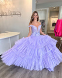 Off-the-shoulder Glitter Tulle Ball Gowns Lace Long Prom Dress Layered Evening Dress SED293