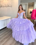 Off-the-shoulder Glitter Tulle Ball Gowns Lace Long Prom Dress Layered Evening Dress SED293
