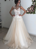 A Line Floral Appliques Beach Wedding Dresses Backless Tulle Wedding Gowns SED360|Selinadress